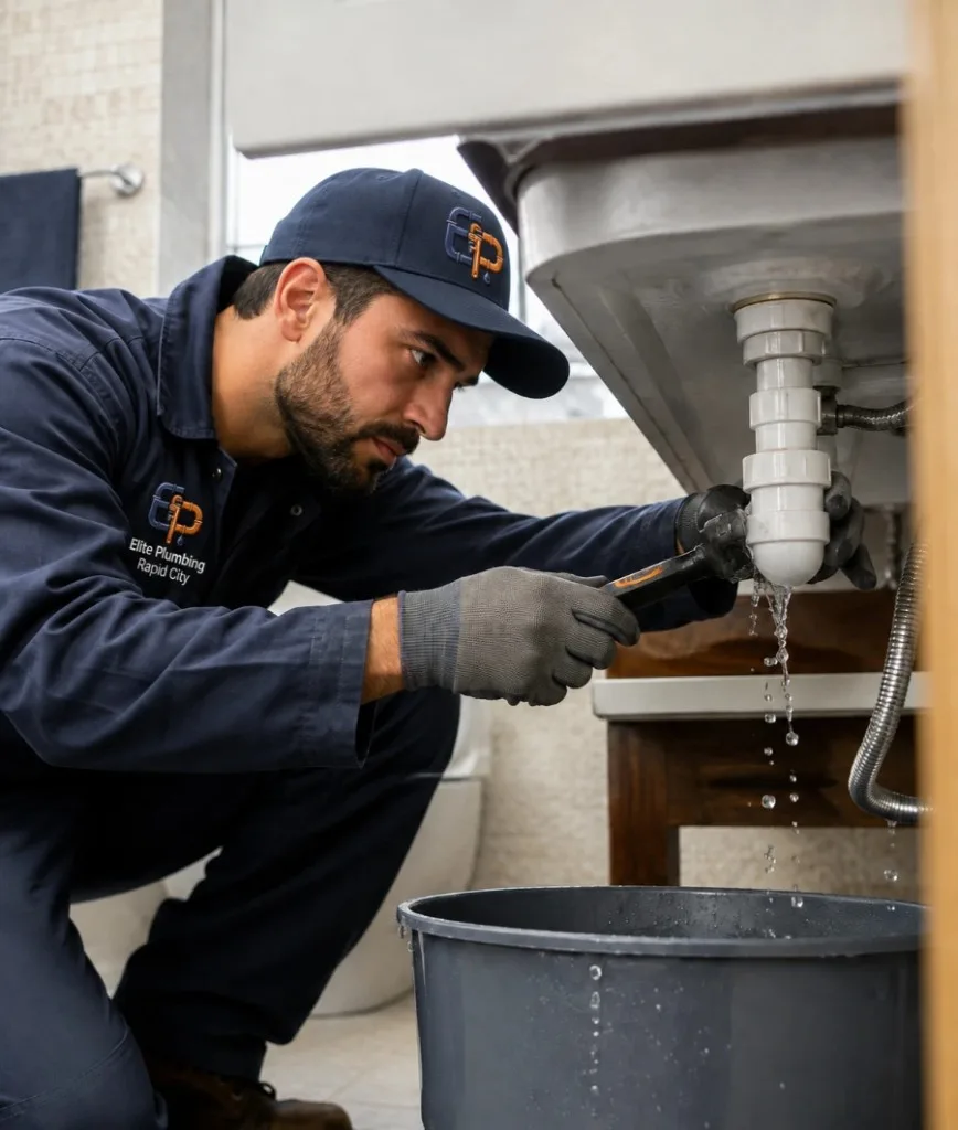 Elite Plumbing Rapid City plumber repairing a leaking bathroom sink drain in Rapid City, SD