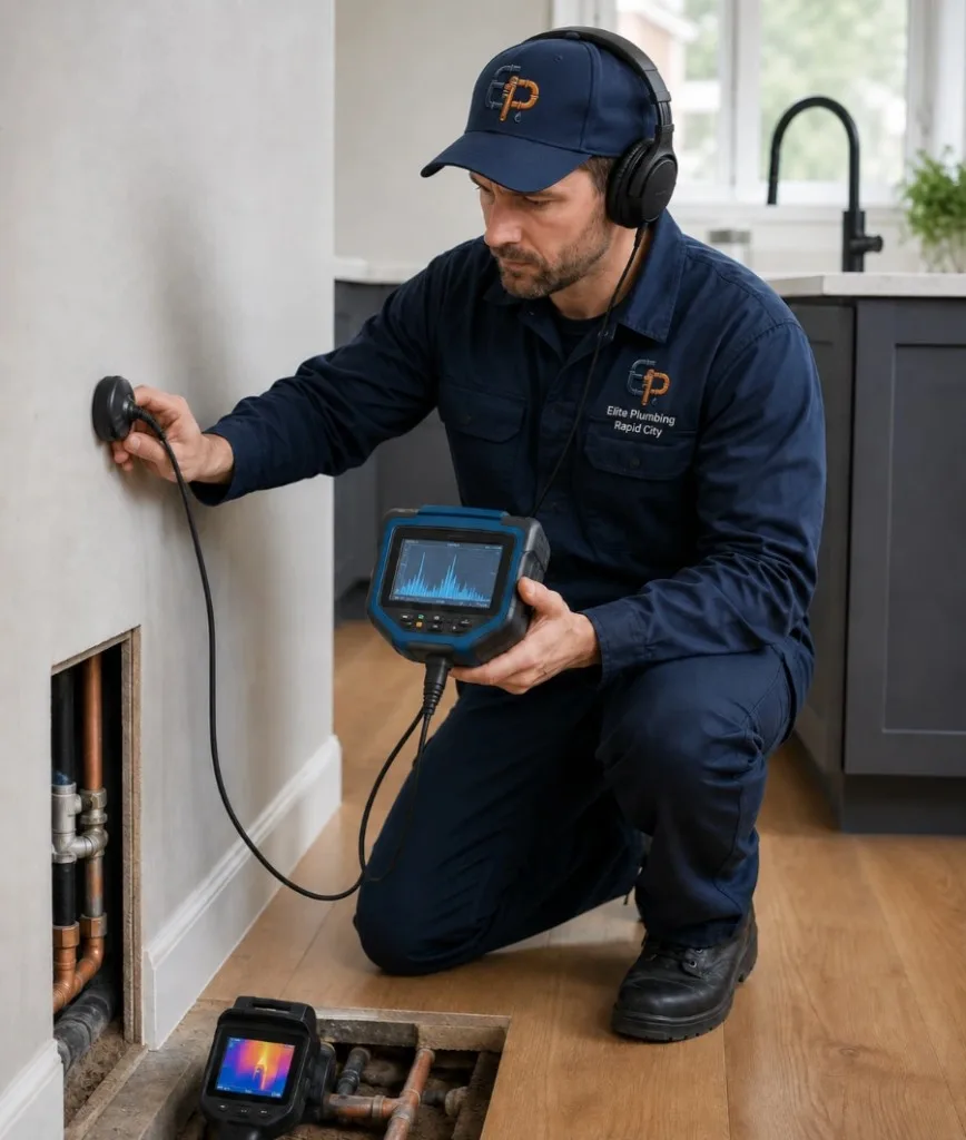 Elite Plumbing Rapid City plumber using acoustic and thermal leak detection equipment in Rapid City, SD