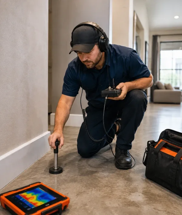 Plumber using listening equipment to find a hidden plumbing leak in a Rapid City home