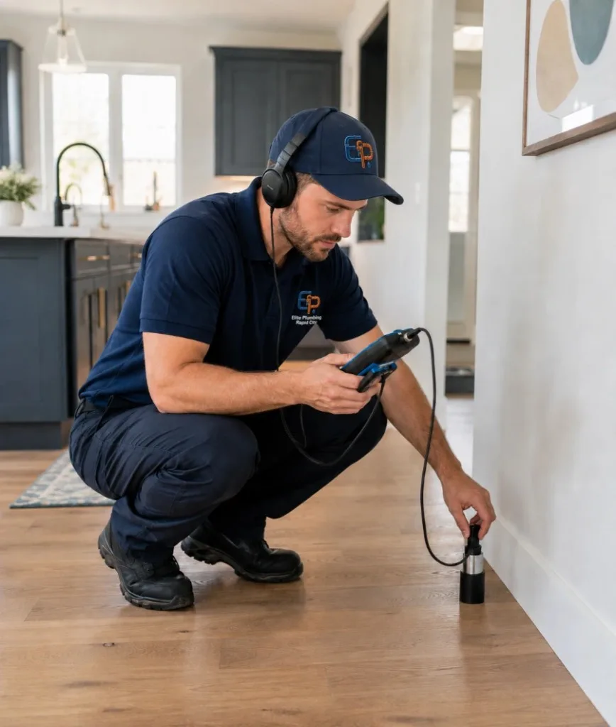 Elite Plumbing Rapid City plumber using leak detection equipment along a wall in a Rapid City home