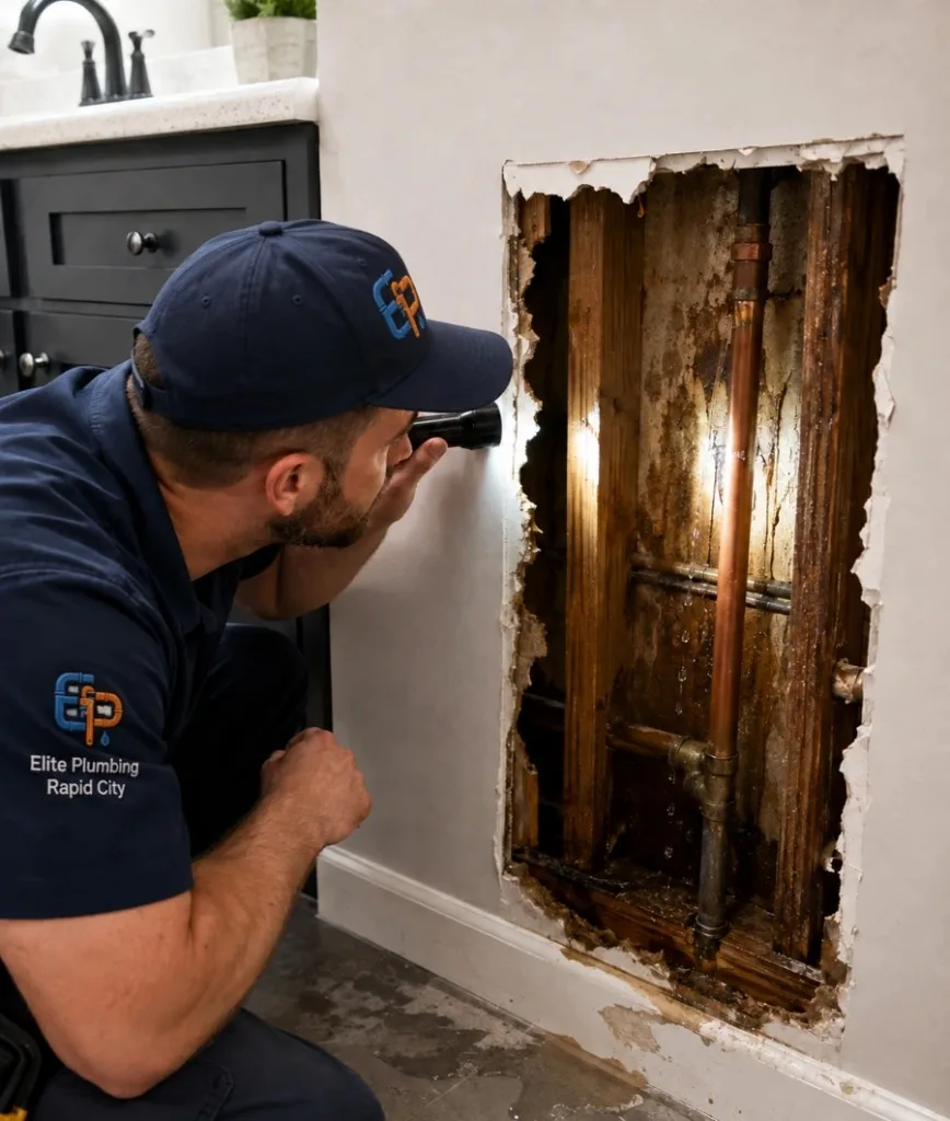 Elite Plumbing Rapid City plumber inspecting wet pipes inside a wall during slab leak detection in Rapid City, SD