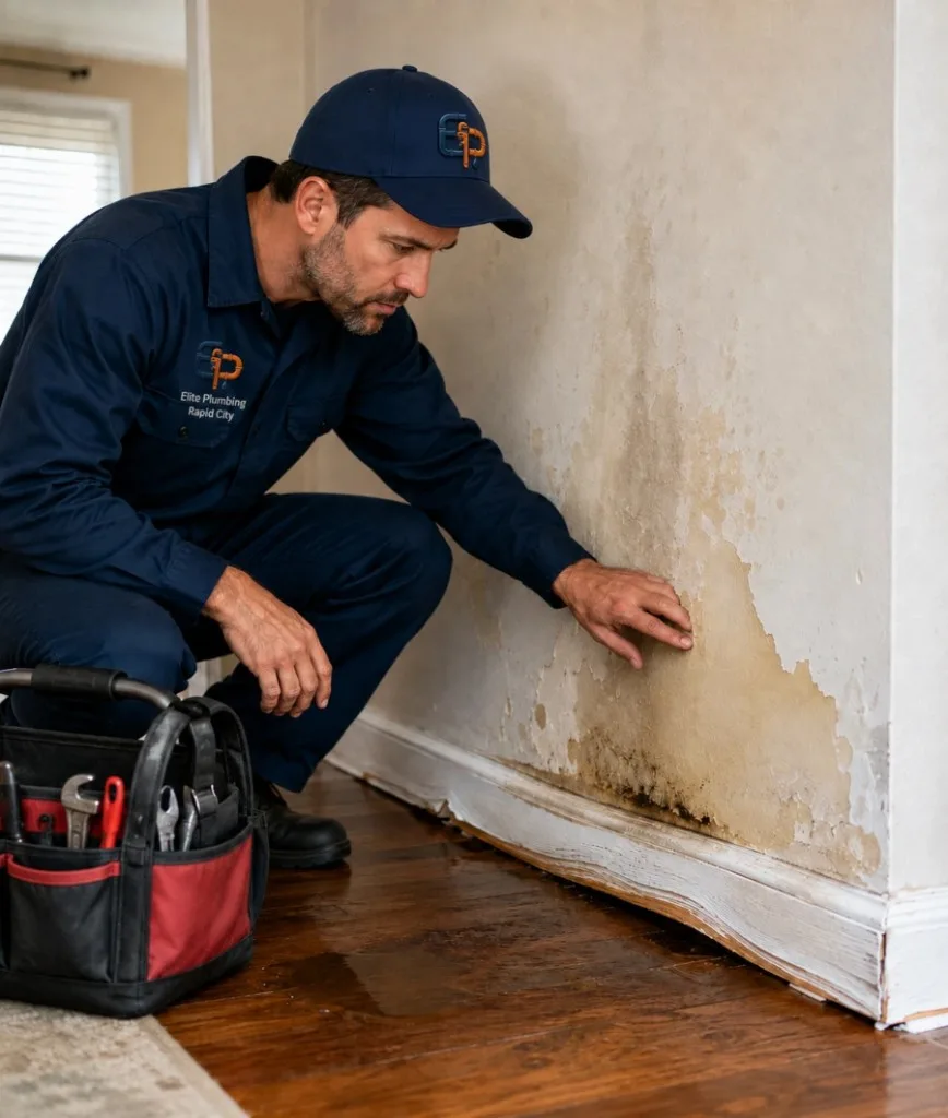Elite Plumbing Rapid City plumber inspecting water-stained wall damage from a hidden leak in Rapid City, SD