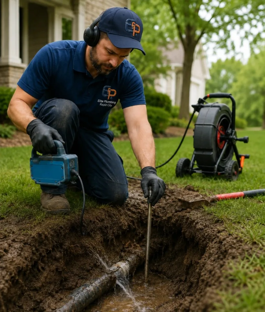 Elite Plumbing Rapid City plumber locating a leaking underground water line at a Rapid City home