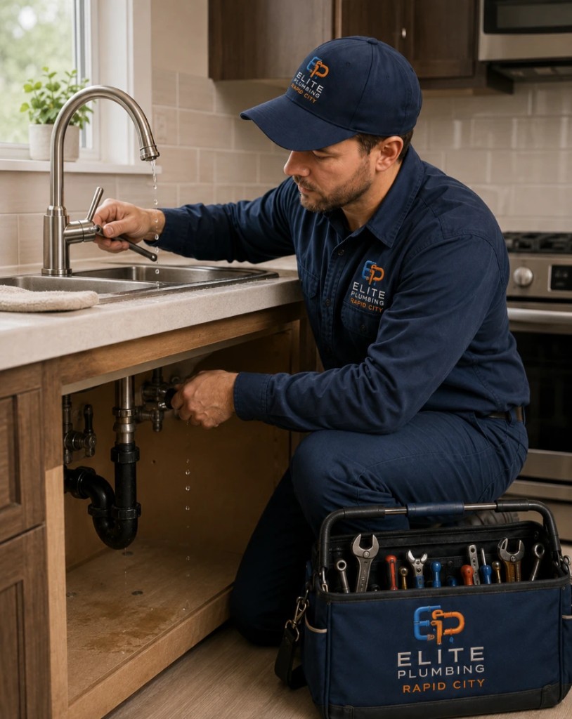 Elite Plumbing Rapid City plumber repairing a leaking bathroom faucet in Rapid City, SD