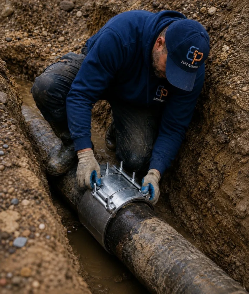 Elite Plumbing Rapid City plumber installing a repair clamp on an underground water pipe in Rapid City, SD