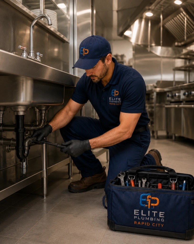 Elite Plumbing Rapid City plumber repairing pipes under a commercial kitchen sink in Rapid City