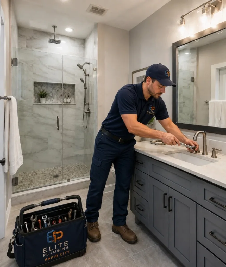 Elite Plumbing Rapid City plumber repairing a bathroom faucet in Rapid City, SD