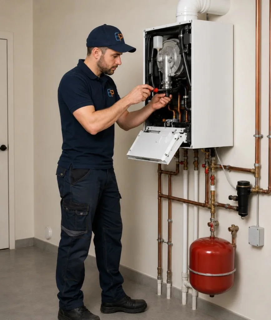 Elite Plumbing Rapid City technician servicing a wall-mounted boiler in Rapid City, SD