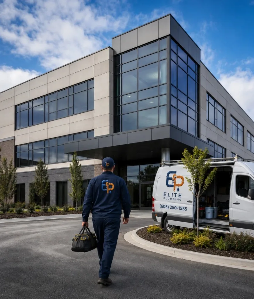 Elite Plumbing Rapid City plumber arriving for commercial plumbing service at a Rapid City building
