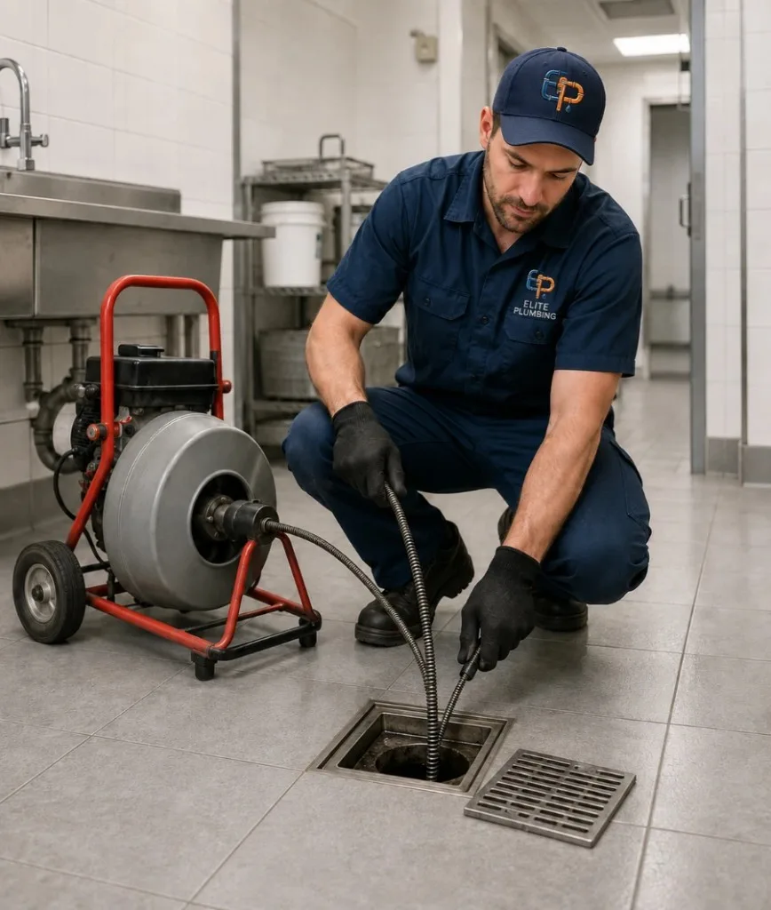 Elite Plumbing Rapid City plumber snaking a floor drain in Rapid City, SD