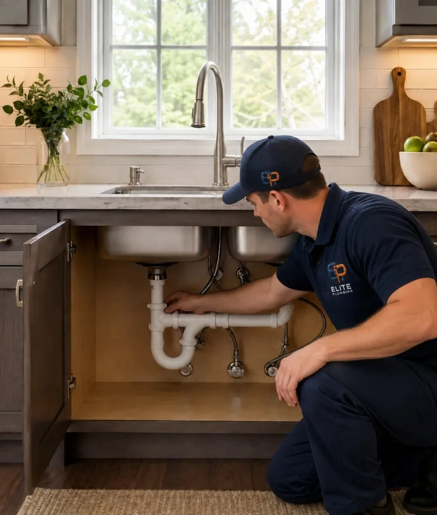 Elite Plumbing Rapid City plumber inspecting kitchen sink plumbing in Rapid City, SD