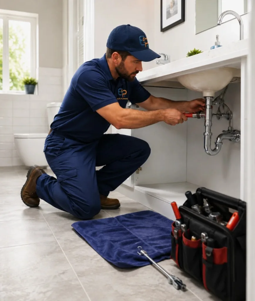 Elite Plumbing Rapid City plumber repairing bathroom sink plumbing in Rapid City, SD