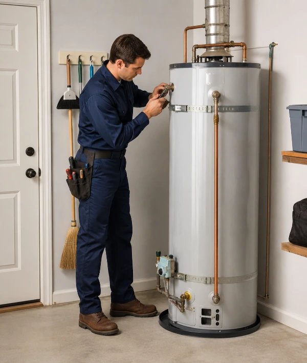 Plumber repairing a residential gas water heater in Rapid City, SD
