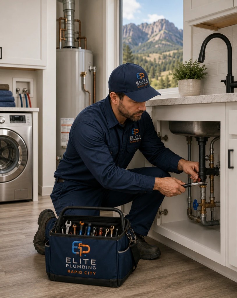 Elite Plumbing Rapid City plumber working on residential plumbing in a Rapid City, SD home