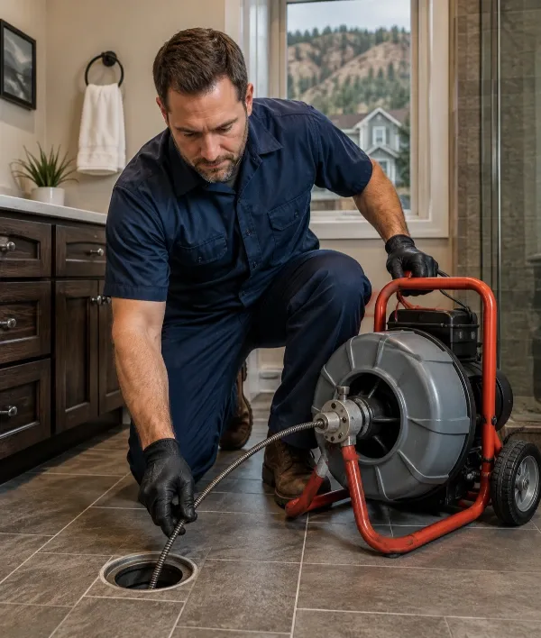 Plumber snaking a bathroom floor drain during professional drain cleaning in Rapid City, SD