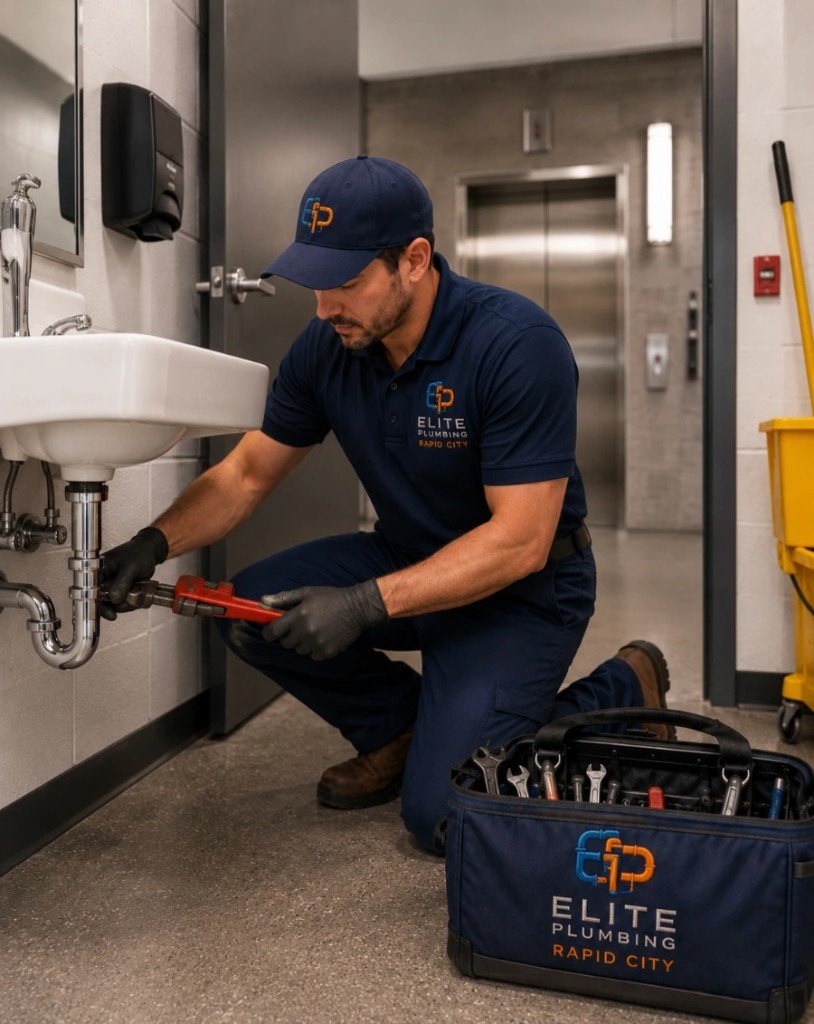 Elite Plumbing Rapid City plumber repairing a sink in a commercial building for property managers in Rapid City