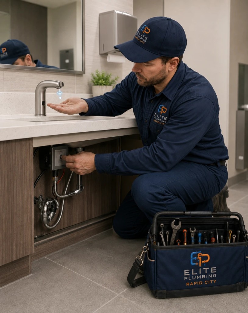Elite Plumbing Rapid City plumber testing a sensor and touchless faucet in Rapid City, SD
