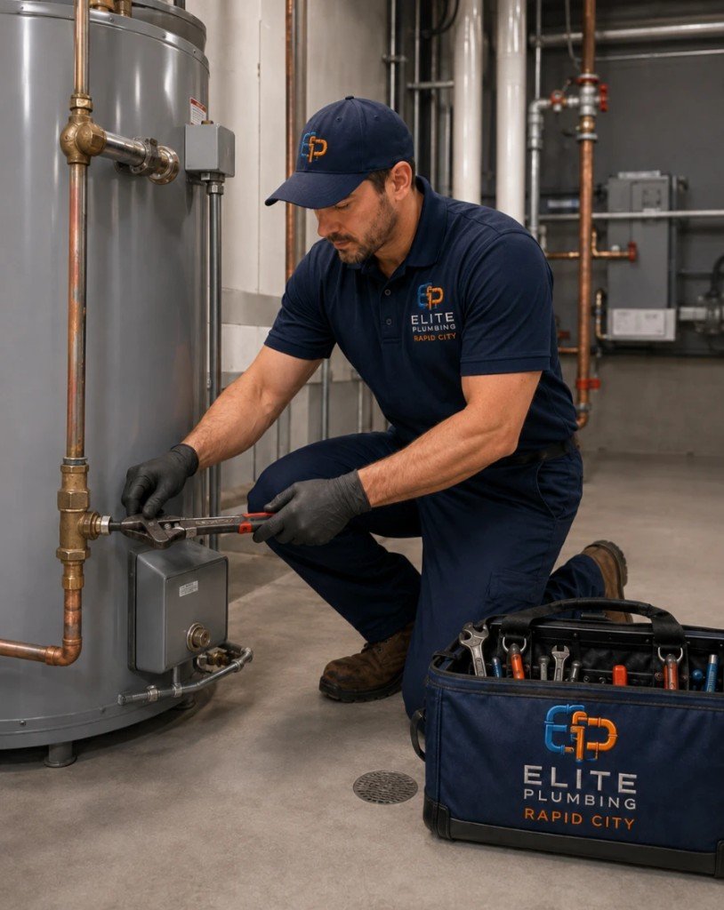 Elite Plumbing Rapid City plumber servicing a large commercial water heater in Rapid City
