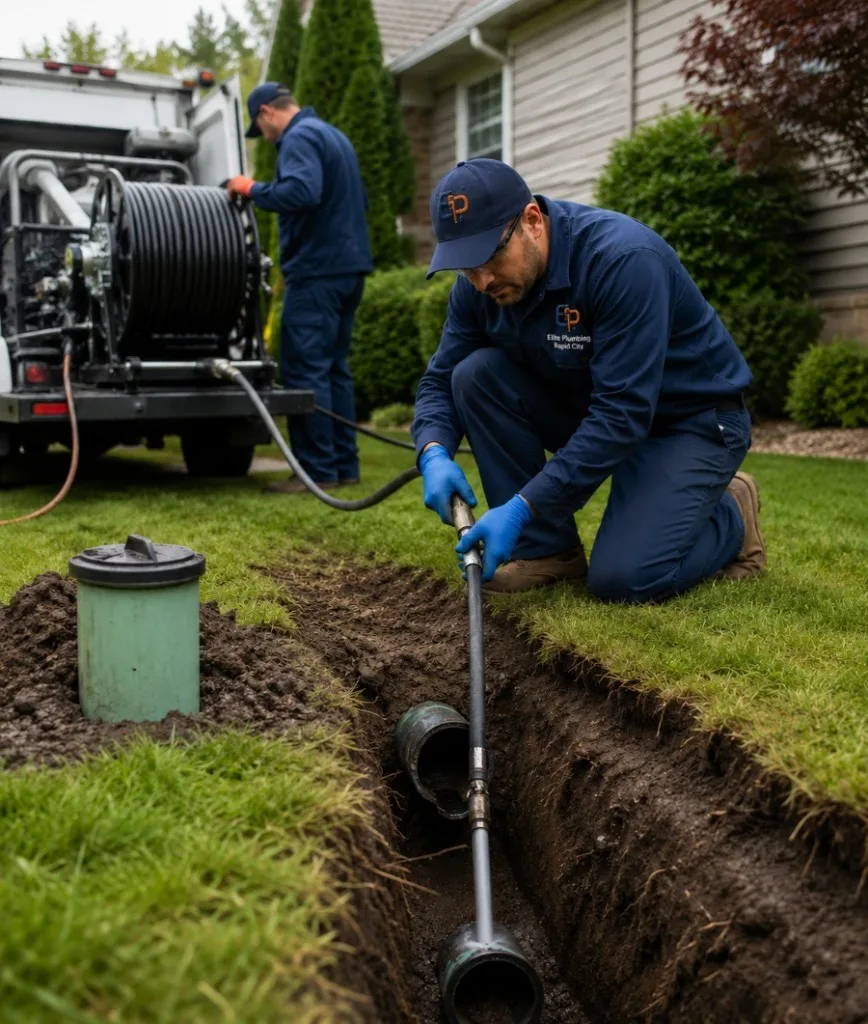 Elite Plumbing Rapid City plumbers repairing an outdoor sewer line at a Rapid City home