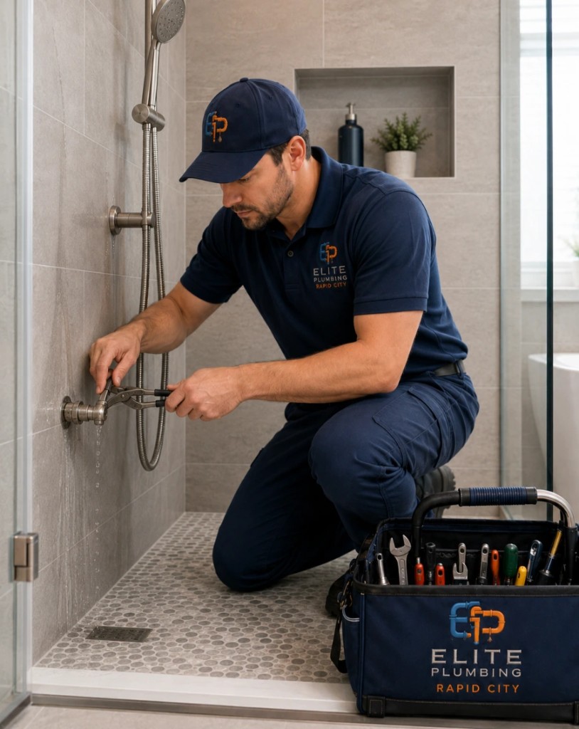 Elite Plumbing Rapid City plumber repairing a water leak in a tiled shower in Rapid City, SD