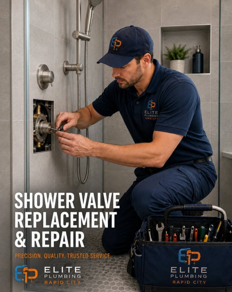 Elite Plumbing Rapid City plumber repairing a shower valve in a Rapid City, SD bathroom