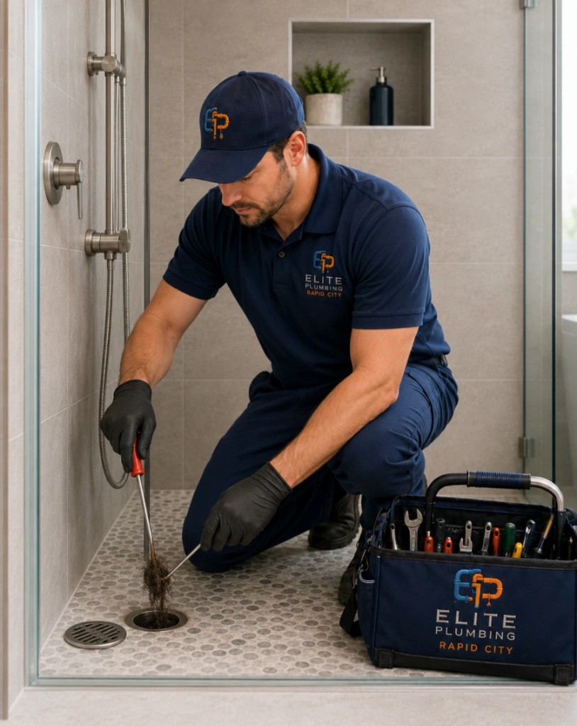 Elite Plumbing Rapid City plumber cleaning and repairing a shower drain in Rapid City, SD