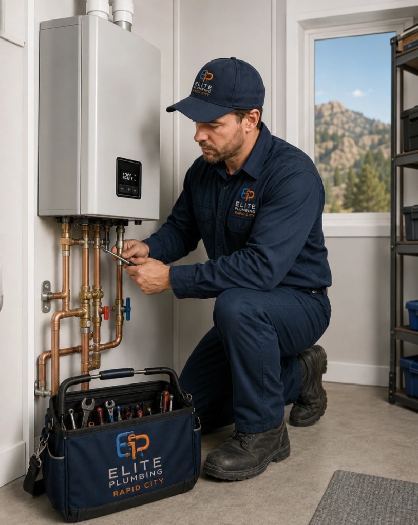 Elite Plumbing Rapid City technician installing a tankless water heater in Rapid City, SD