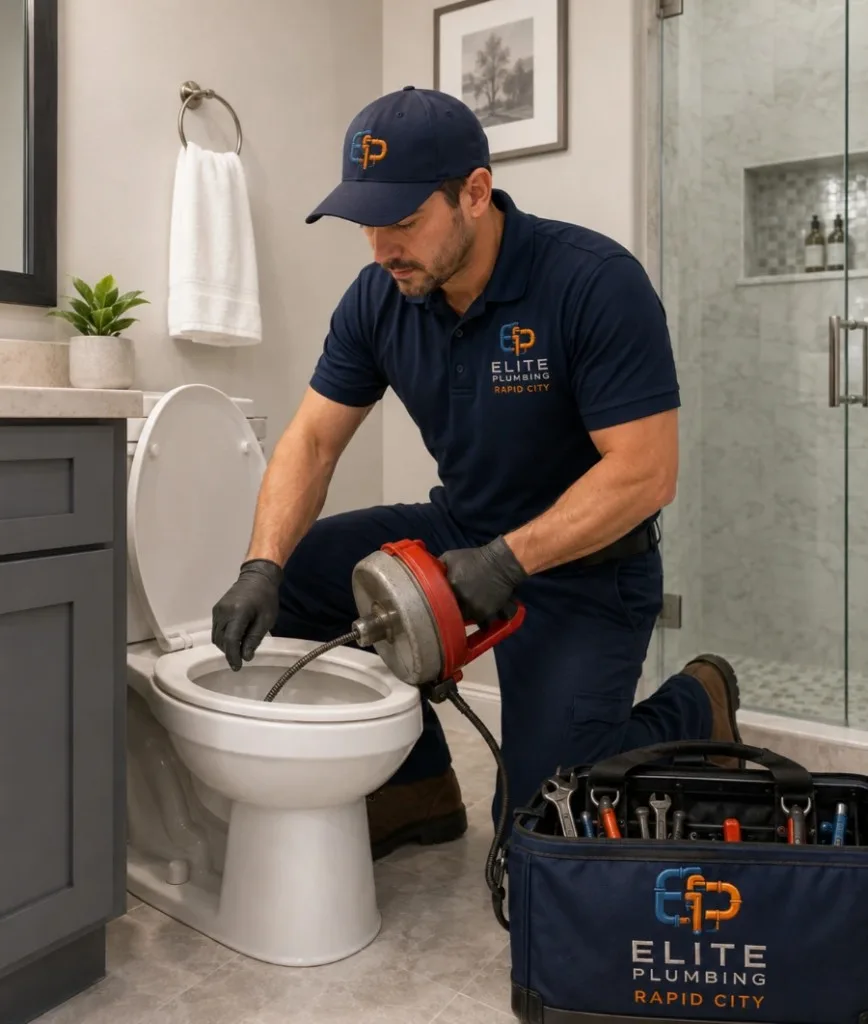 Elite Plumbing Rapid City plumber clearing a clogged toilet in Rapid City, SD