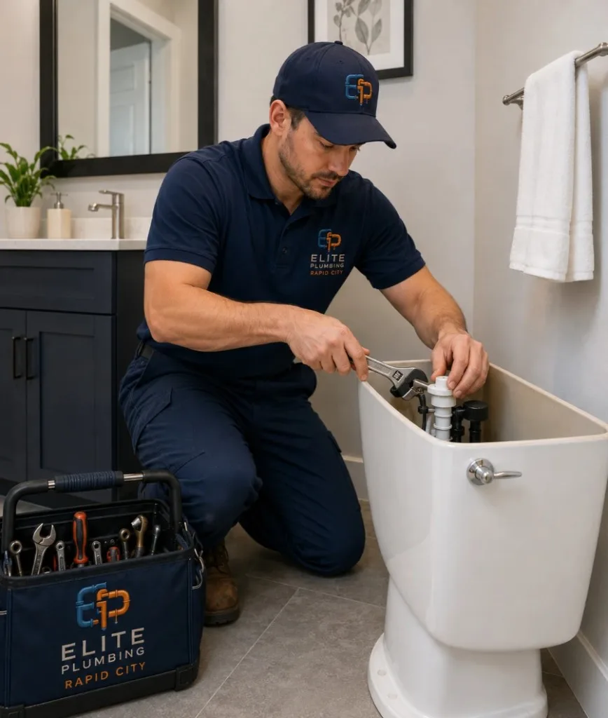 Elite Plumbing Rapid City plumber repairing toilet flush parts in Rapid City, SD