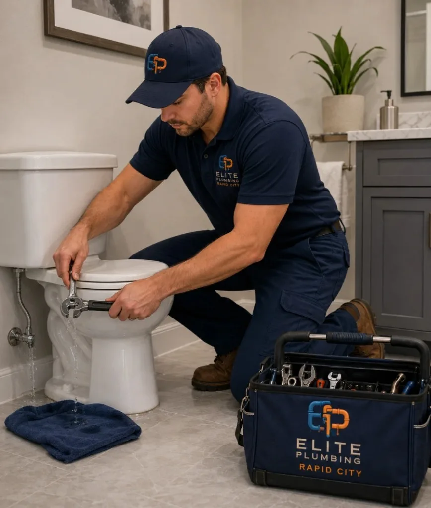 Elite Plumbing Rapid City plumber repairing a leaking toilet supply line in Rapid City, SD