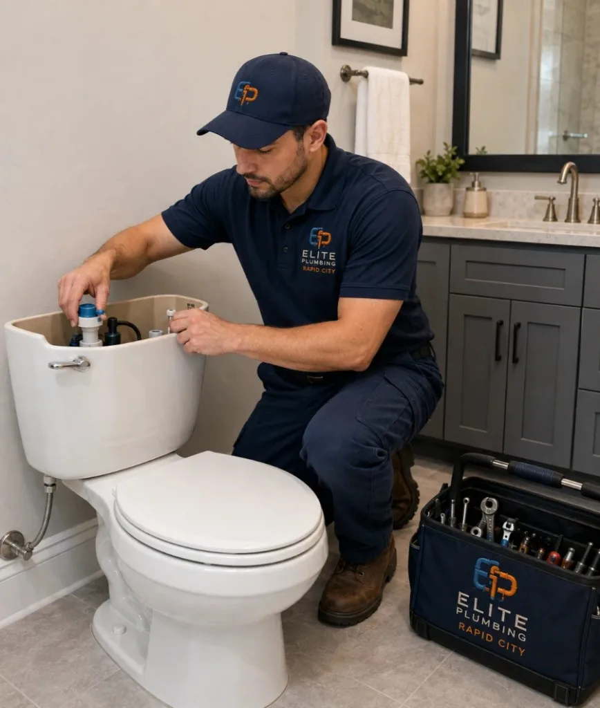 Elite Plumbing Rapid City plumber repairing a running toilet tank in Rapid City, SD