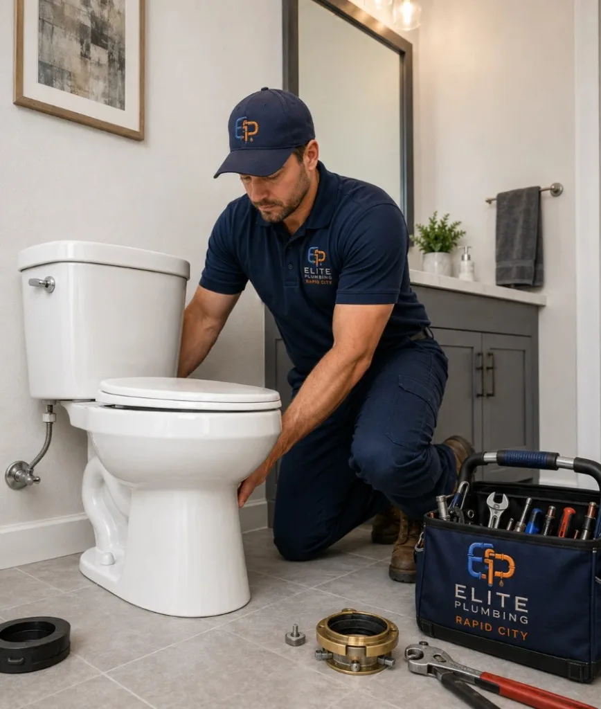 Elite Plumbing Rapid City plumber installing a new toilet in Rapid City, SD