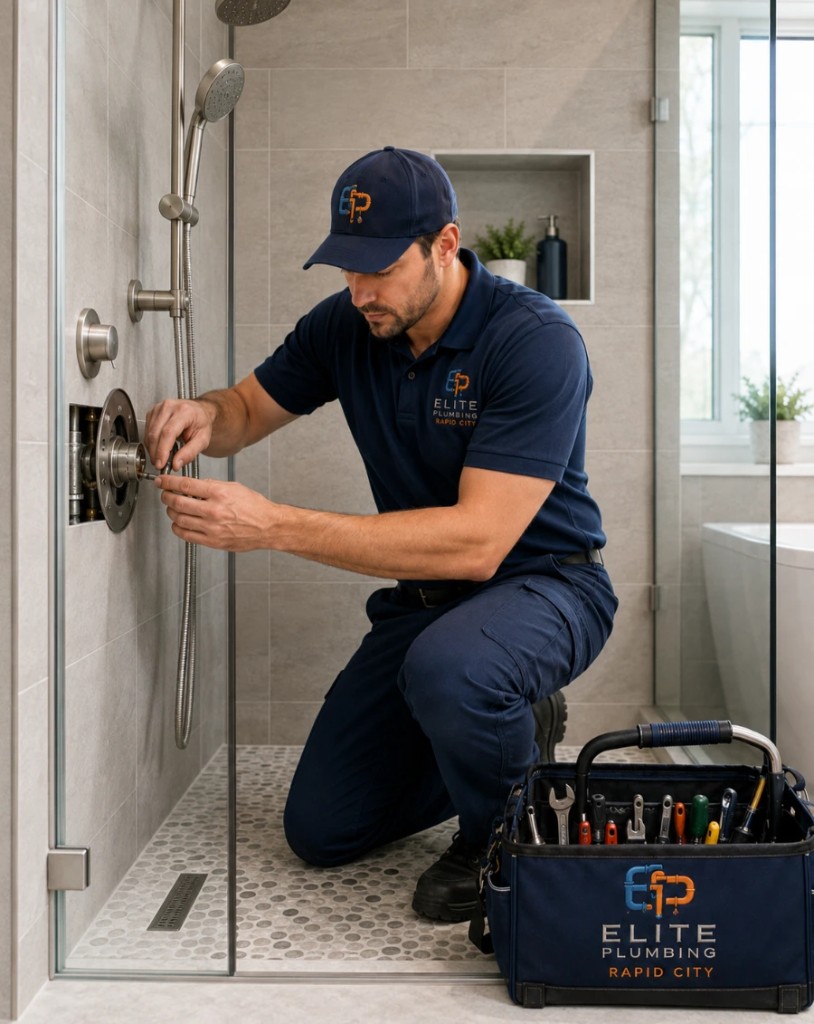 Elite Plumbing Rapid City plumber repairing shower plumbing in a Rapid City, SD bathroom