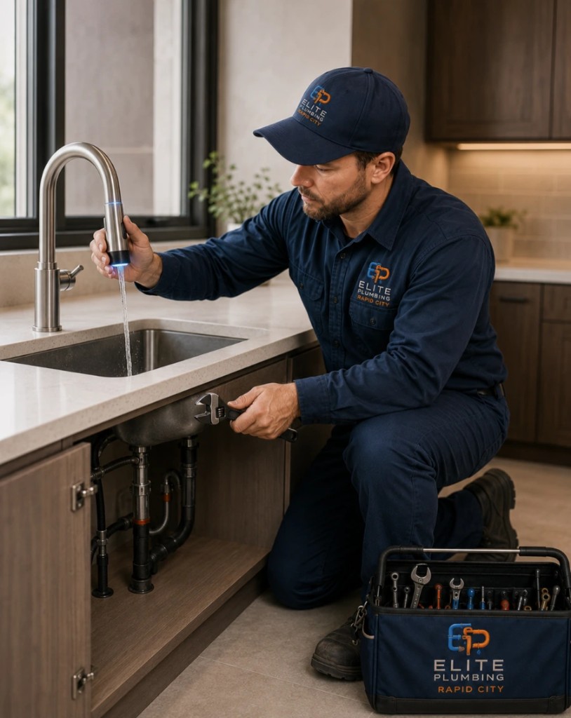 Elite Plumbing Rapid City plumber repairing a touch-activated faucet in Rapid City, SD