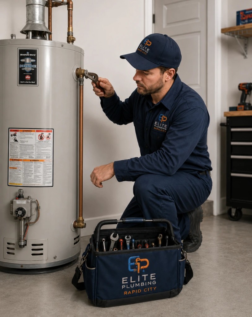 Elite Plumbing Rapid City plumber working on a traditional tank water heater in Rapid City, SD