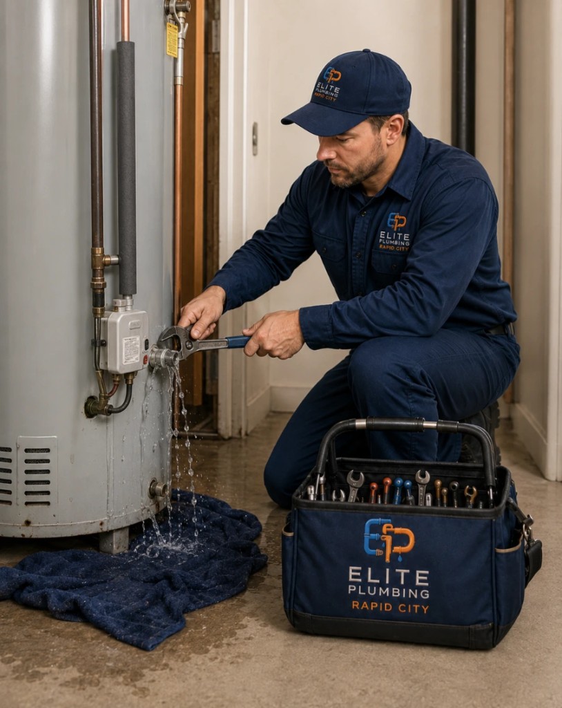 Elite Plumbing Rapid City plumber repairing a leaking water heater emergency in Rapid City, SD