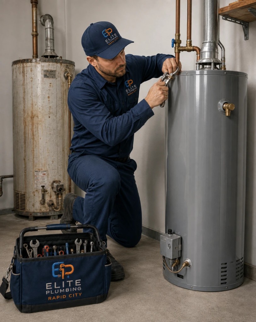 Elite Plumbing Rapid City plumber installing a new water heater next to an old unit in Rapid City, SD