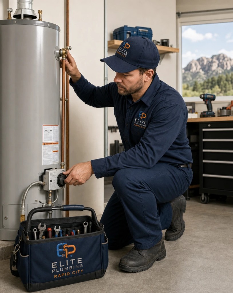 Elite Plumbing Rapid City technician servicing a water heater in Rapid City, SD