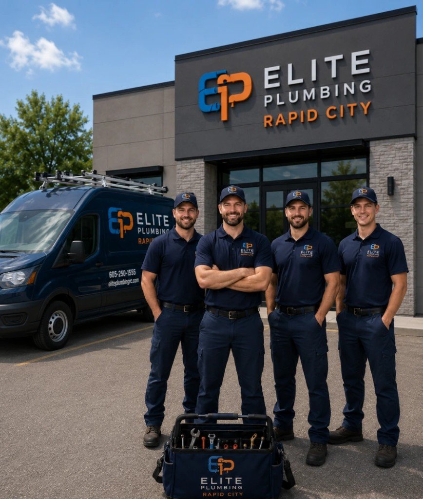 Elite Plumbing Rapid City plumbing team standing with service vans in Rapid City, SD