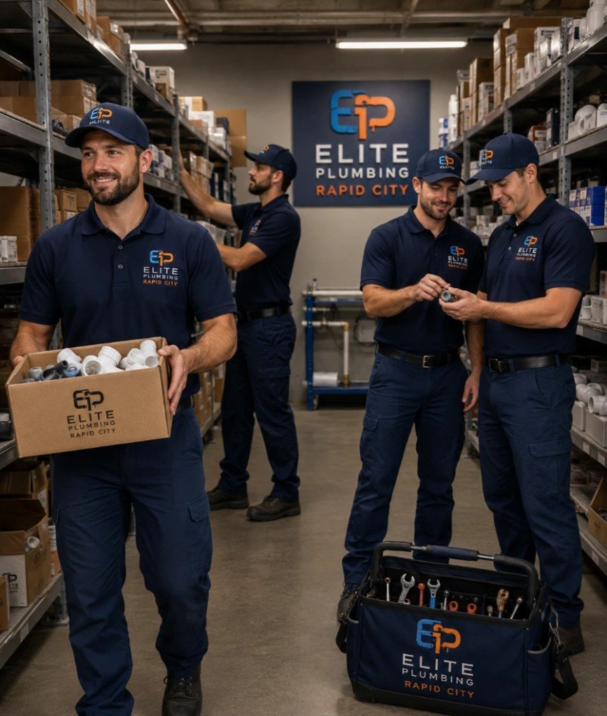 Gathering accessories to perform the assigned job in the Elite Plumbing Rapid City storeroom
