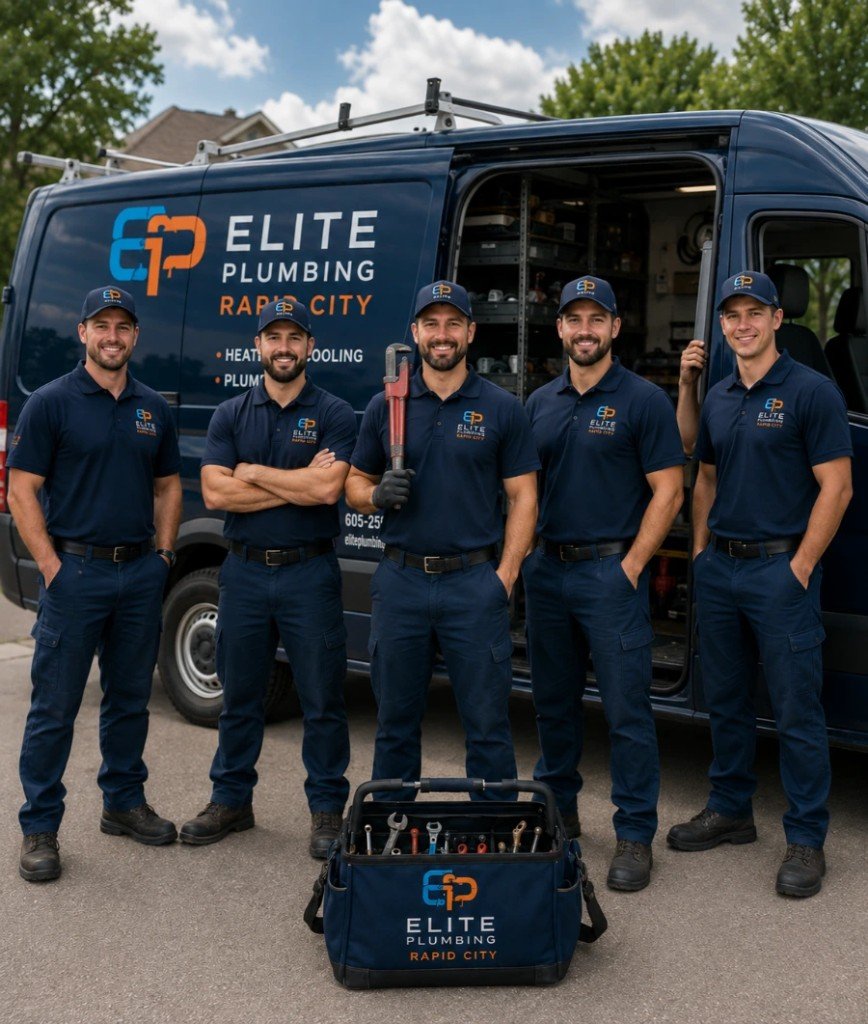 Going together to perform assigned job, Elite Plumbing Rapid City crew by a van