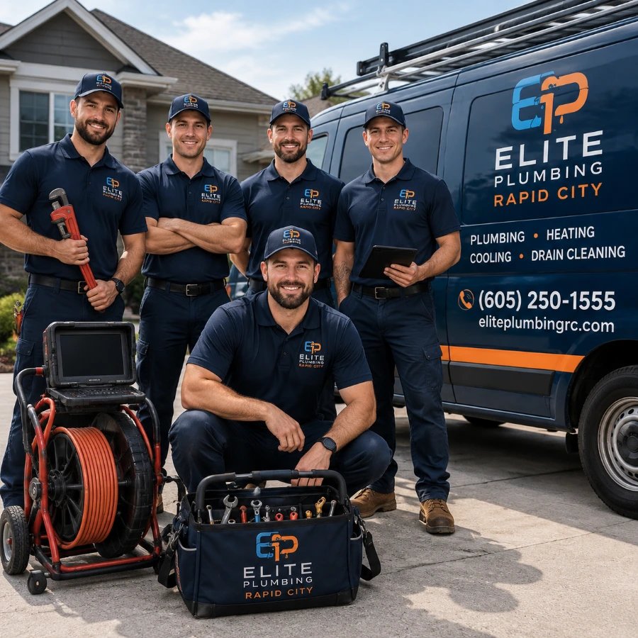 Our Team gathering of Elite Plumbing Rapid City staff in a residential driveway