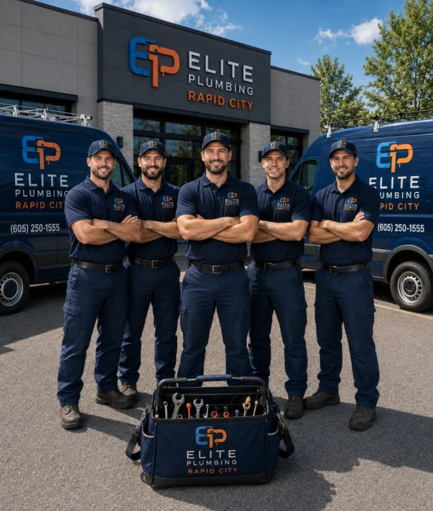 Team members of Elite Plumbing Rapid City standing in front of the shop and vans