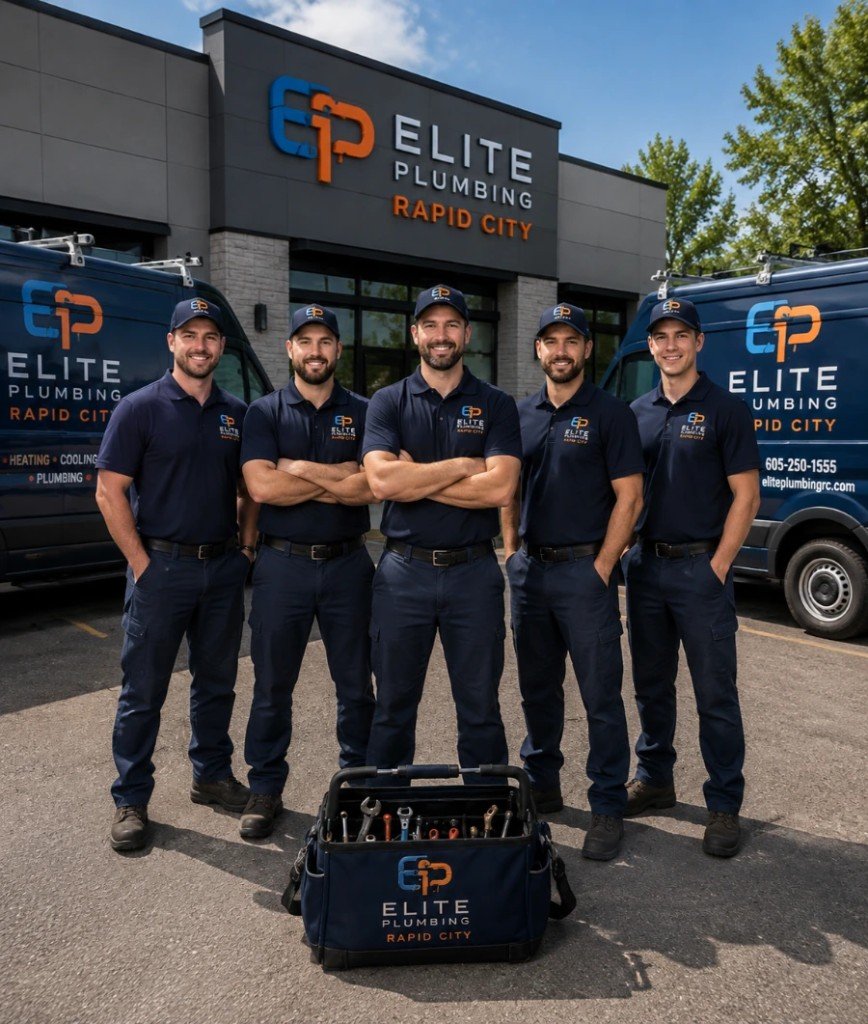 Team of Elite Plumbing Rapid City reviewing plumbing parts in the shop